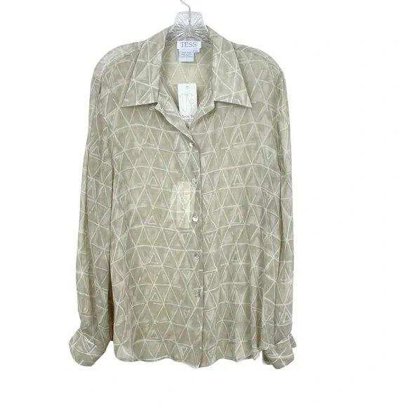 Vtg 90s NWT Tess 100% Silk Button Down Blouse Green Beige Semi-Sheer Size L - Picture 1 of 11